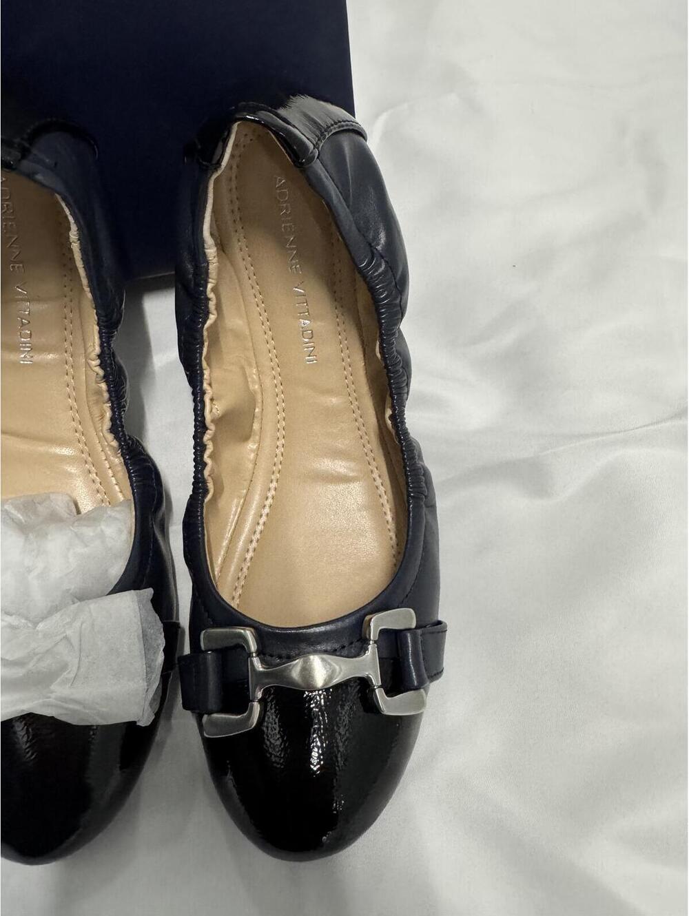 Adrienne Vittadini Black Patent Leather Ballet Flats with Metal Accent